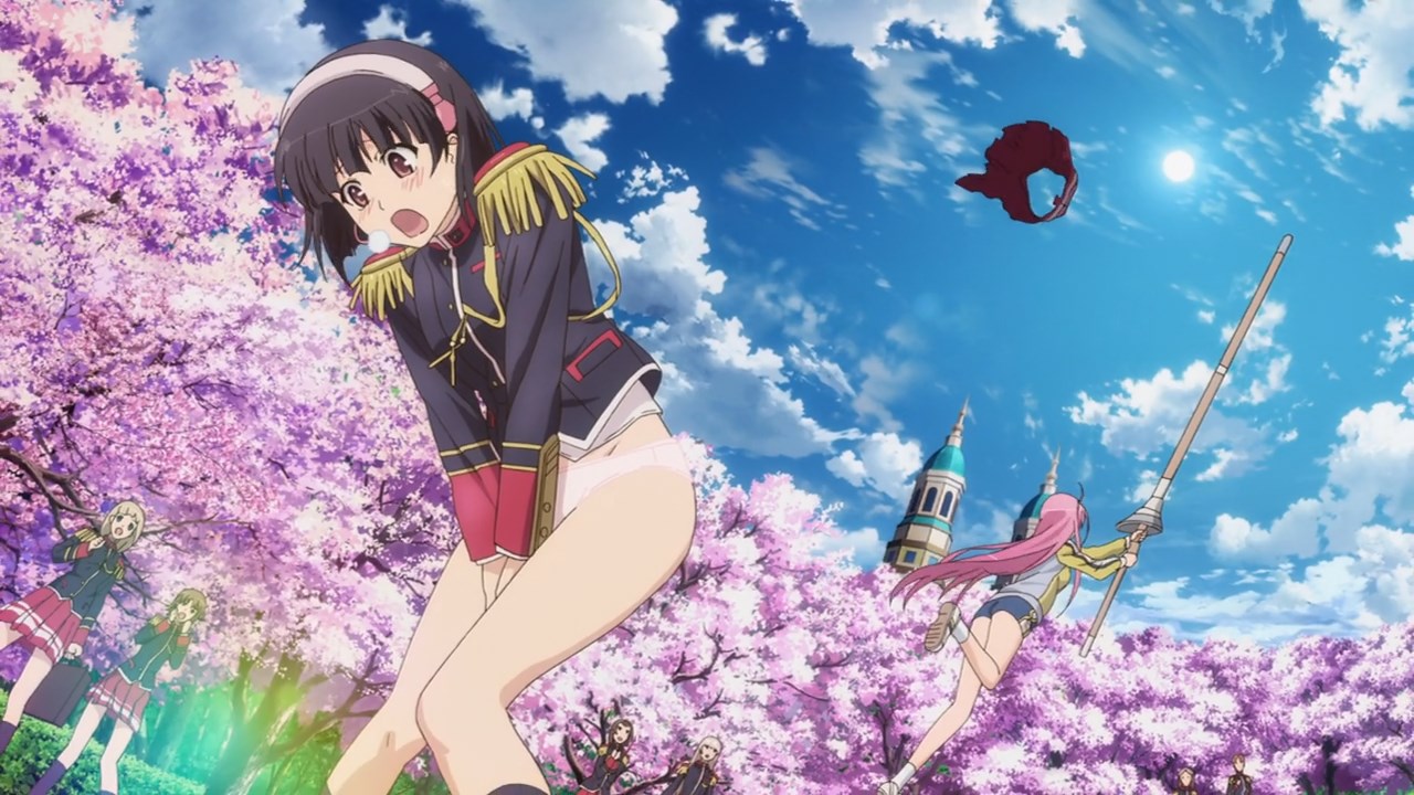 A girl has her skirt ripped off by another girl running amok with a jousting pole